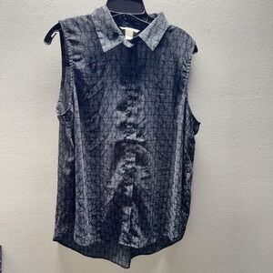 H&M Sleeveless Button-Down Shirt Black White Geometric Print Size 10